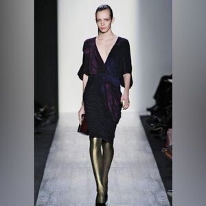 BCBG MAXAZRIA Runway Twisted Waist Plumberry Combo Draped Silk Dress